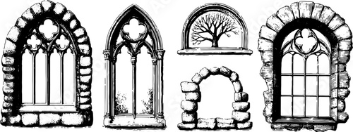Collection of gothic windows in vintage style. Features stone arches and trees in a black and white vector illustration.