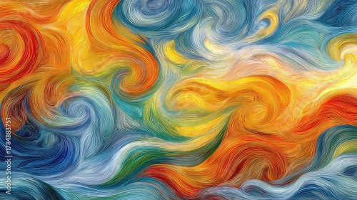 Abstract Colorful Swirls of Orange, Blue, and Yellow in a Textured Wave Pattern for Artistic Backgrounds