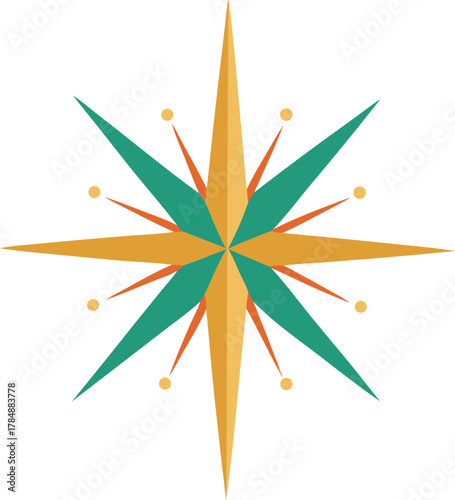 Stylized starburst compass rose with teal and orange spokes