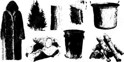 Coat and bucket vector illustration set featuring tree, rocks, and firewood. Simple outdoor equipment for camping and hiking.