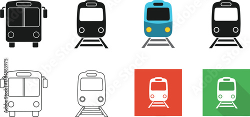 Collection of stylized bus and train icons in various designs and colors