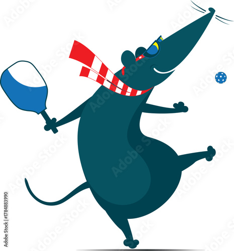 Cartoon mouse or rat  plays pickleball