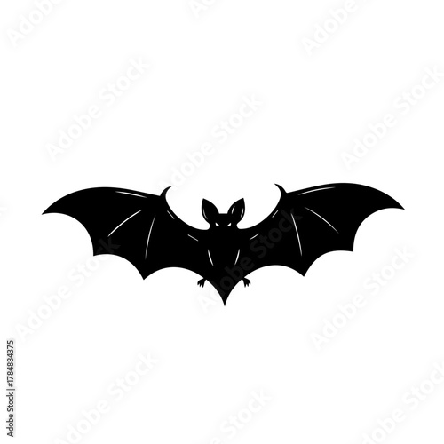 A black silhouette of a spooky flying bat with spread wings and glowing eyes, isolated on a plain white background.