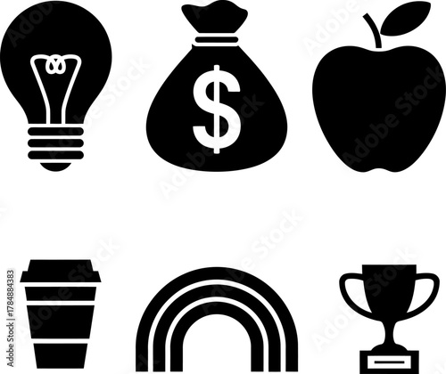 Black and White Icon Set Featuring Lightbulb Moneybag Apple Coffee Cup Rainbow and Trophy Symbolizing Success and Growth