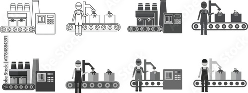 Factory workers overseeing automated production line with boxes on conveyor belt