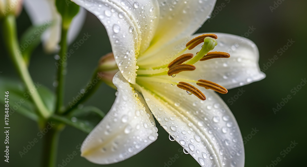 Fototapeta premium Close up shot of a white lily flower with water droplets on the petals and green foliage in the background