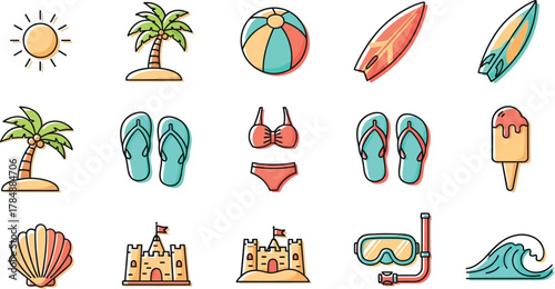 Vibrant summer vacation icons depicting beach essentials and sunny weather fun.