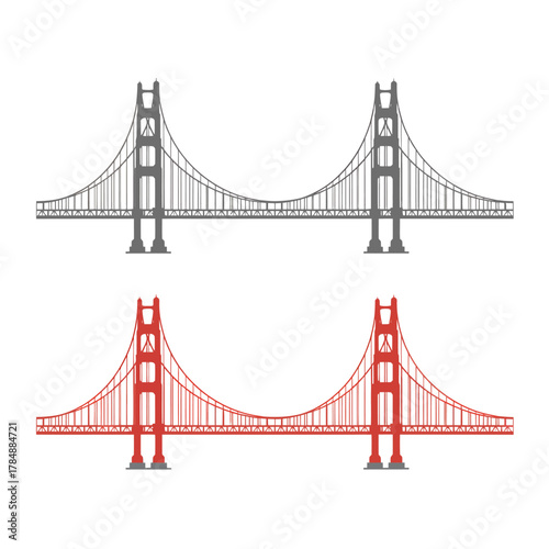 Illustrations of the Golden Gate Bridge in red and black on white background