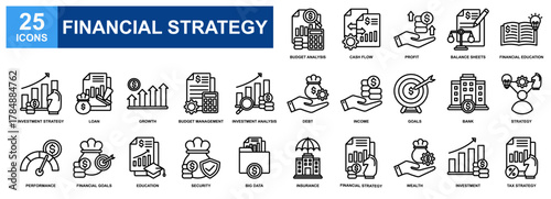 Financial Strategy icon set collection. Containing design Budget Analysis, Profit, Cash Flow, Debt, Financial Goals