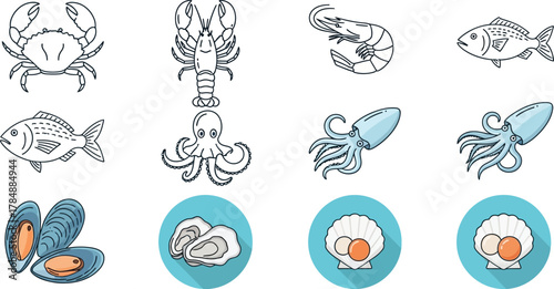 Collection of fresh seafood illustrations, including crab, lobster, fish, shrimp, octopus, squid, mussels, oysters, and scallops.
