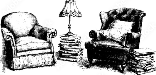 Antique chairs with a lamp and stacks of books. Hand-drawn vector illustration showcasing vintage decor in a classic style set.