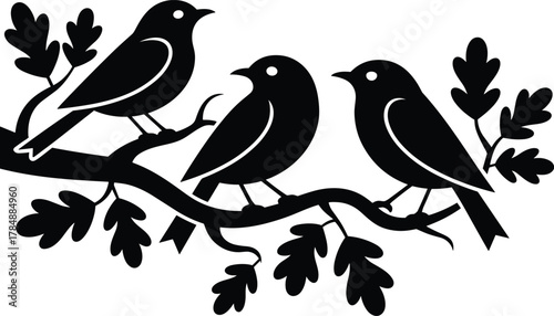 Three Bird Silhouettes on Oak Branch Vector Illustration