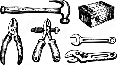 Vintage tools including hammer, pliers, and wrenches. Set of engraving style illustrations, ideal for repair or crafting themes. Vector design included.