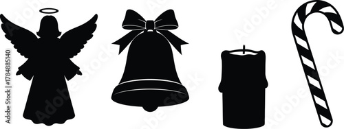 Festive Christmas icons including an angel, bell, candle, and candy cane in silhouette