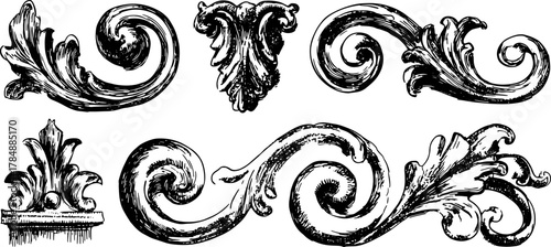 Decorative floral ornament in vintage style. Elaborate black and white vector illustration showcasing classic design elements as a decorative set.