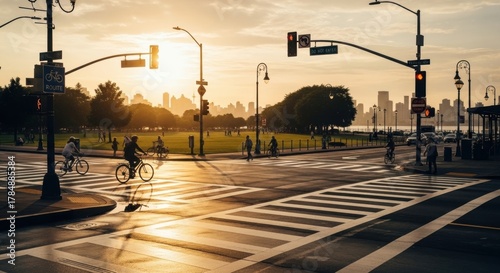 Fototapeta Naklejka Na Ścianę i Meble -  Urban lifestyle with people cycling on a city street. Healthy recreation in a public park at sunset. Eco friendly transportation with a metropolitan skyline view. Active community commute
