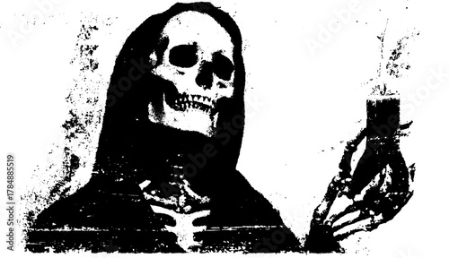 Skeleton holding a candle. Gothic vector illustration in black and white, creating a mysterious and spooky atmosphere.