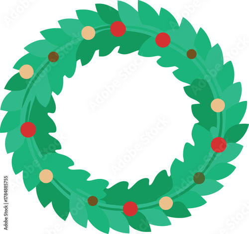 Green christmas wreath with red and gold ornaments