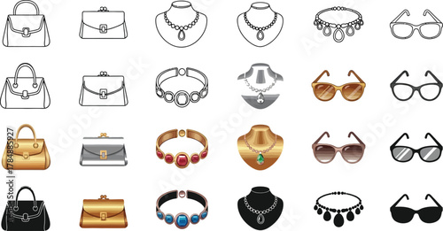 Collection of stylish accessories including handbags, necklaces, and sunglasses displayed on a white background.