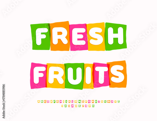 Vector Creative label Fresh Fruits. Colorful Boxes Font. Unique Alphabet Letters and Numbers set