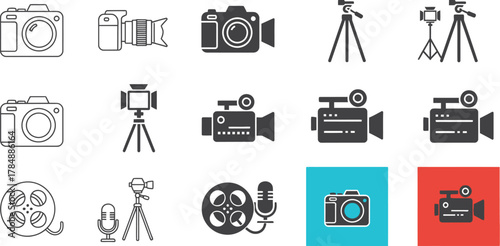 Collection of creative icons representing photography and videography equipment.