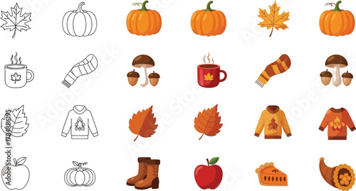 Cozy autumn icons featuring pumpkins, leaves, and warm drinks for seasonal design