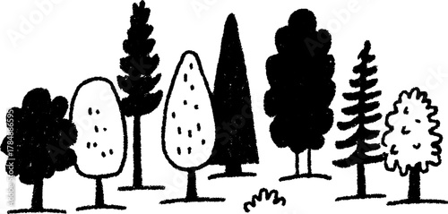 Illustration of various trees in a simple black and white style. The vector graphic showcases a set of nature elements, creating a minimalist outdoor design.