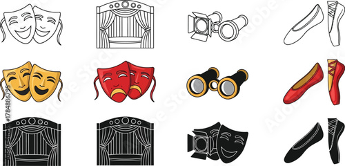 Collection of theatrical symbols and performance icons for stage arts
