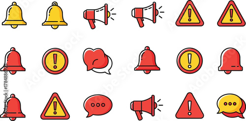 Collection of alert and notification icons for warnings, messages, and announcements