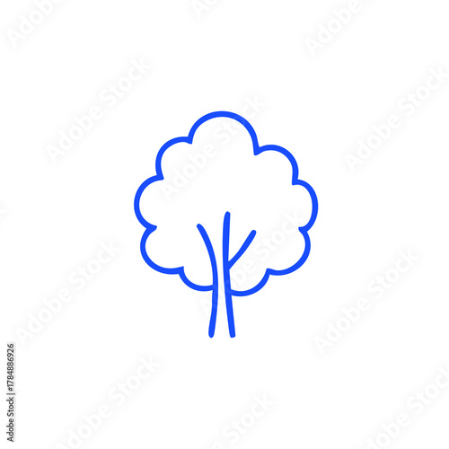 Blue line art of a tree with round canopy on white