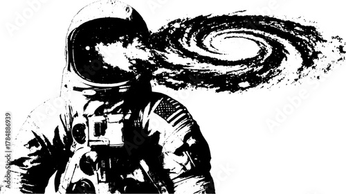 Astronaut in a black and white design. Cosmic galaxy vector illustration with detailed artwork represents exploration and imagination.