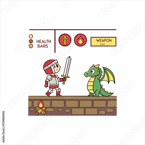 Cartoon Knight Fighting Cute Dragon in Video Game Interface Illustration