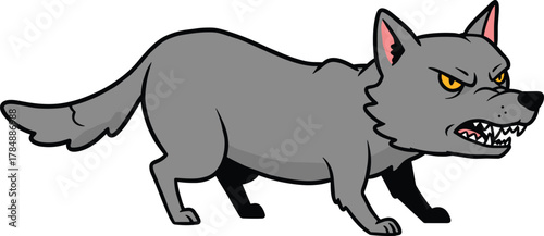 Cartoon wolf illustration, aggressive animal vector, snarling face artwork, crouched stance pose, wilderness creature design, gray fur sketch