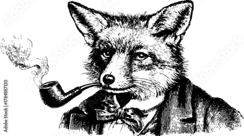 Illustration of a fox character dressed in a vintage outfit, smoking a pipe. Quirky black and white vector illustration.