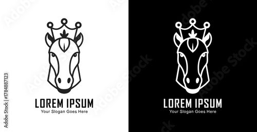 A logo design in the form of a horse's head wearing a crown in a semi-modern line art style