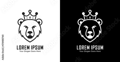 A logo design in the form of a bear's head wearing a crown in a semi-modern line art style