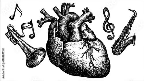 Illustration of a heart with musical instruments: trumpet and saxophone, surrounded by music notes. A detailed black and white vector illustration set.