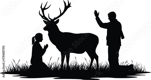 Deer silhouette illustration, spiritual nature scene, praying figure vector, blessing gesture artwork, wildlife harmony design, black and white sketch