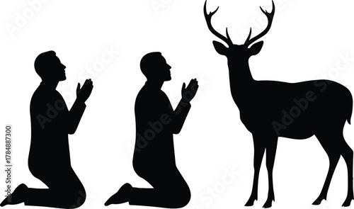Deer worship silhouette, spiritual nature scene, kneeling figures vector, antlered animal artwork, symbolic wildlife design, black and white sketch
