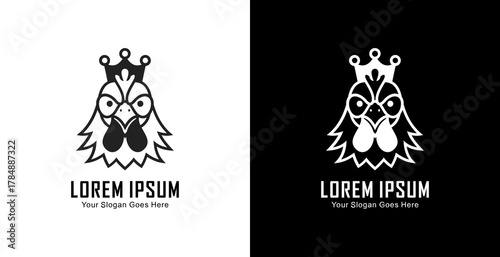 A logo design in the shape of a chicken head wearing a crown in a semi-modern line art style