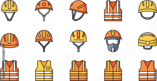 Collection of safety helmets and high-visibility vests, essential gear for construction and industrial work.