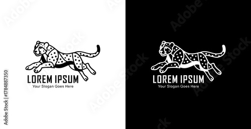 A logo design in the form of a jumping leopard with a modern semi-line art style