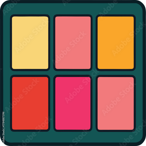 Cosmetic eyeshadow palette with six square color pans