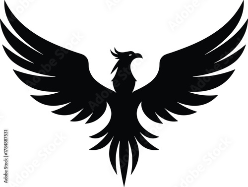 Phoenix silhouette vector, mythological bird design, wings spread wide, fierce crest, rebirth symbol, symmetrical feathers, black artwork illustration.eps