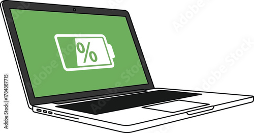 Modern laptop displaying a full battery charge indicator on a vibrant green screen.