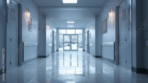 Empty hospital hallway with polished reflective floor, natural light streaming through glass doors, creating calm, professional atmosphere. Modern medical architecture highlights cleanliness, order