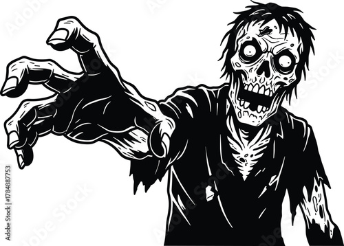 Zombie illustration vector, horror undead drawing, skeletal face art, clawing hand pose, black and white sketch, Halloween creature design
