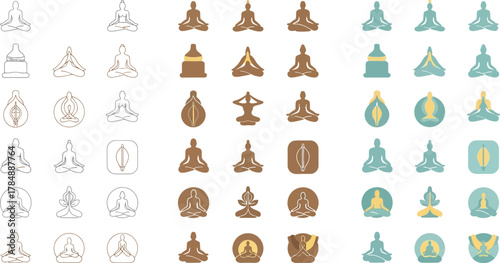 Collection of diverse meditation and yoga pose icons in various styles and colors