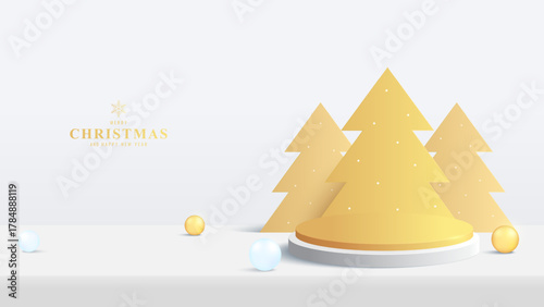 3D Golden podium with minimal christmas trees, golden ornaments and festive lights. Perfect for holiday product display or advertising background