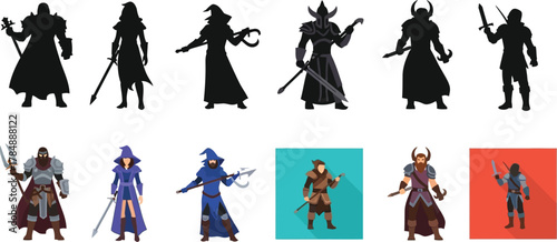 Diverse fantasy characters and silhouettes, including warriors and sorcerers, for game design or illustration.